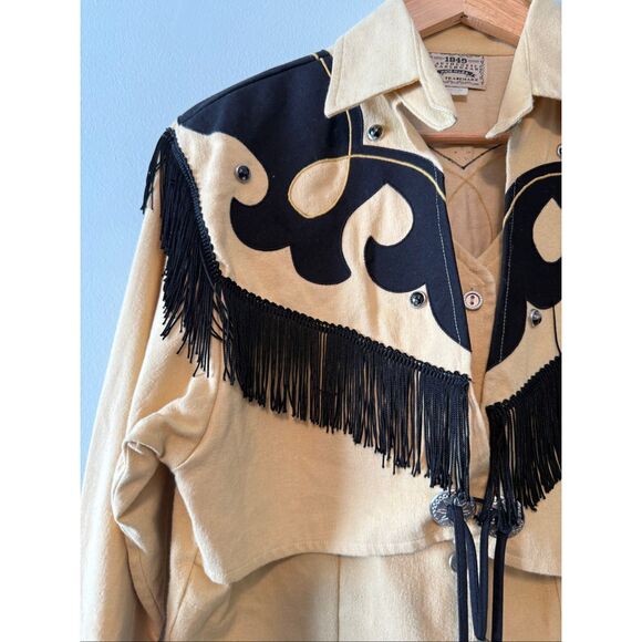 1849 Authentic Ranchwear Womens M Fringe Trim Western Jacket Beige Black Cowgirl - Picture 2 of 13